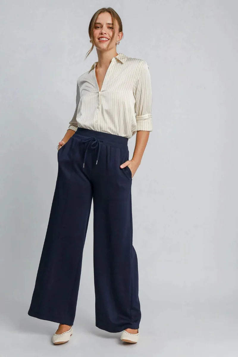 Umgee Drawstring Wide Leg Pants with Pockets for Women