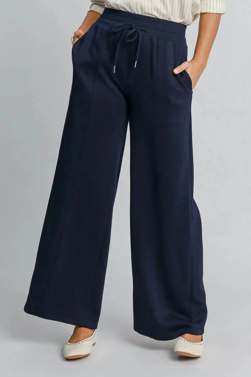 Umgee Drawstring Wide Leg Pants with Pockets for Women