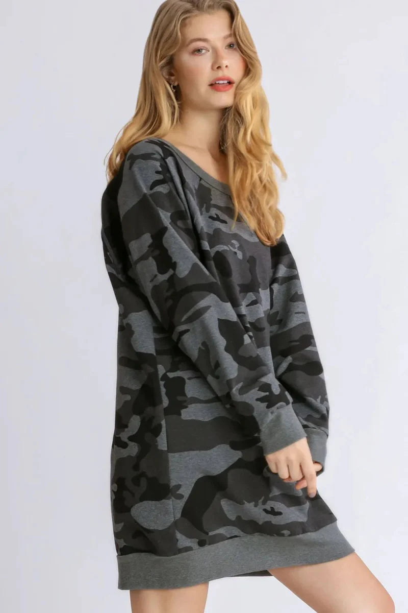 Umgee Full Size Camo Print Ribbed Hem French Terry Mini Dress Plus Size