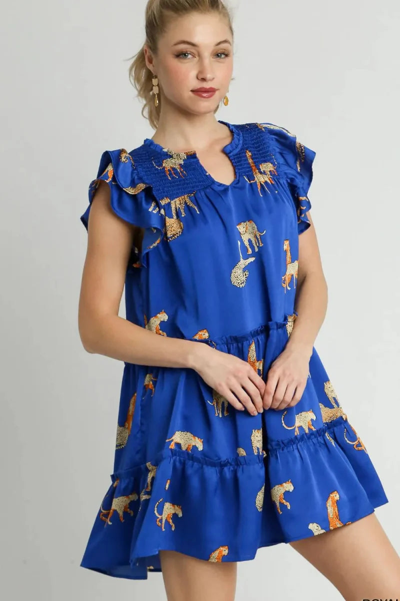 Umgee Full Size Cheetah Print Notched Ruffle Mini Dress