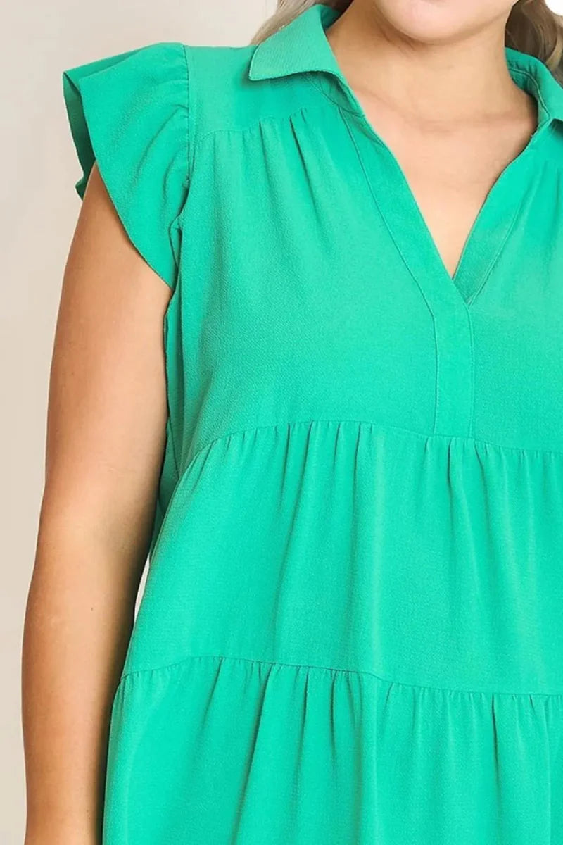 Umgee Full Size Johnny Collar Ruffle Cap Sleeve Dress Plus Size