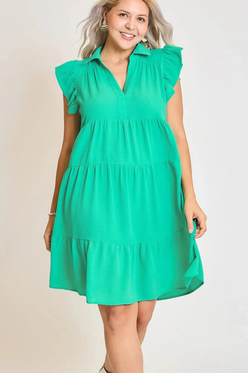 Umgee Full Size Johnny Collar Ruffle Cap Sleeve Dress Plus Size