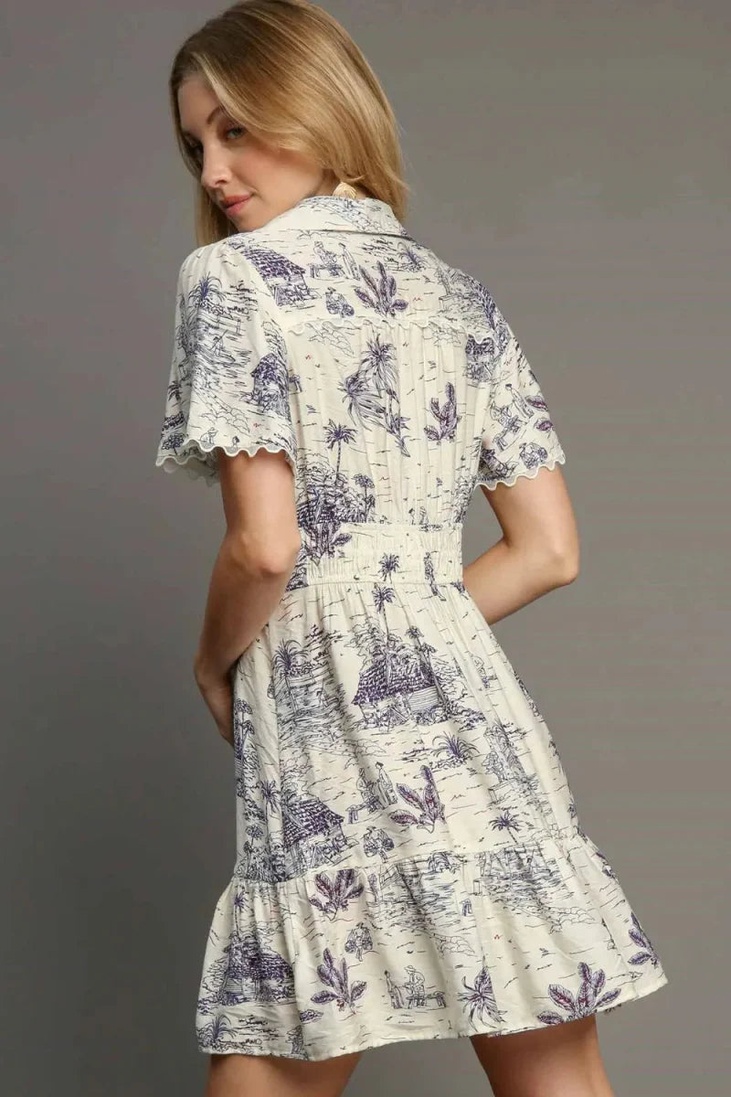 Umgee Full Size Landscape Print Collared Mini Dress Plus Size