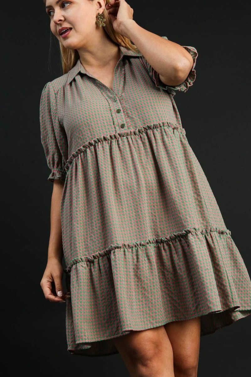 Umgee Full Size Plaid Frill Button Detail Ruffled Dress