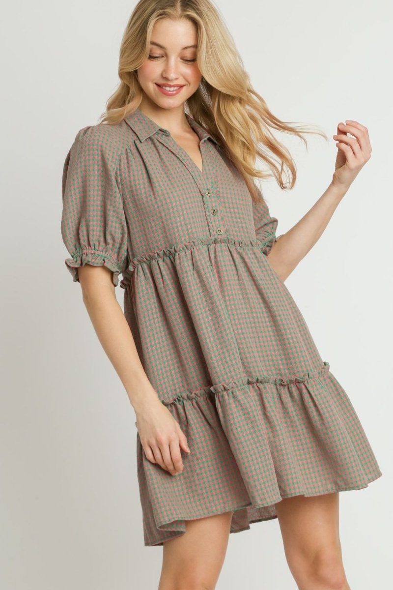 Umgee Full Size Plaid Frill Button Detail Ruffled Dress