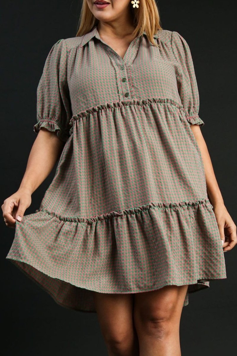 Umgee Full Size Plaid Frill Button Detail Ruffled Dress