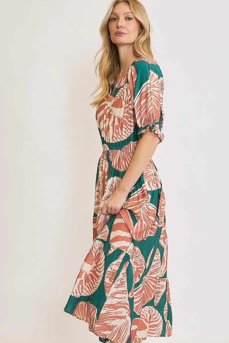 Umgee Full Size Printed Notched Puff Sleeve Midi Dress Plus Size