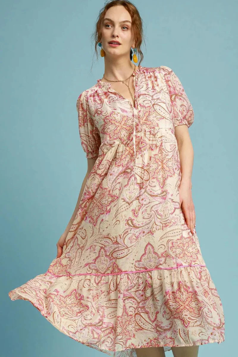 Umgee Full Size Printed Puff Short Sleeve Midi Dress Plus Size