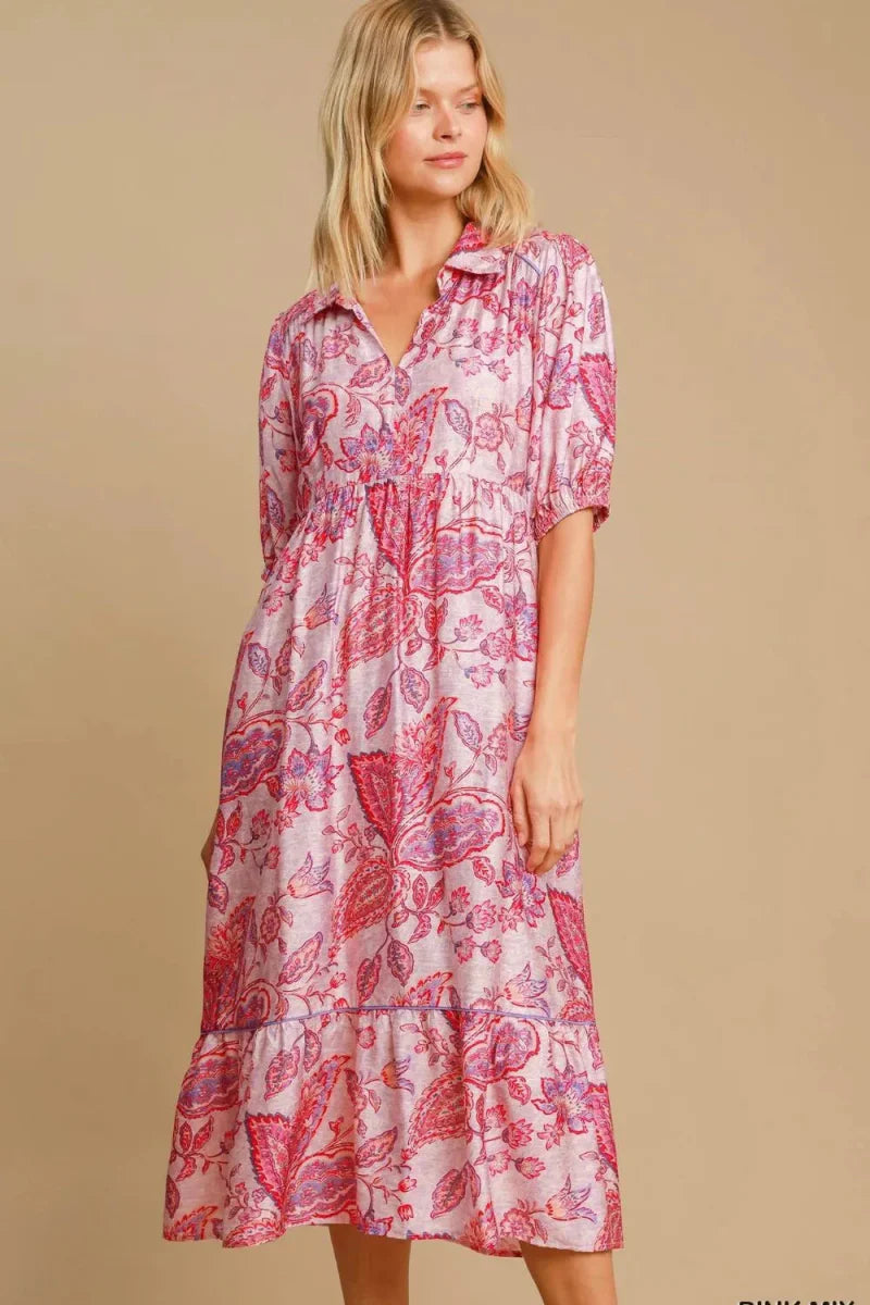 Umgee Full Size Ruffled Hem Floral Paisley Print Dress Plus Size