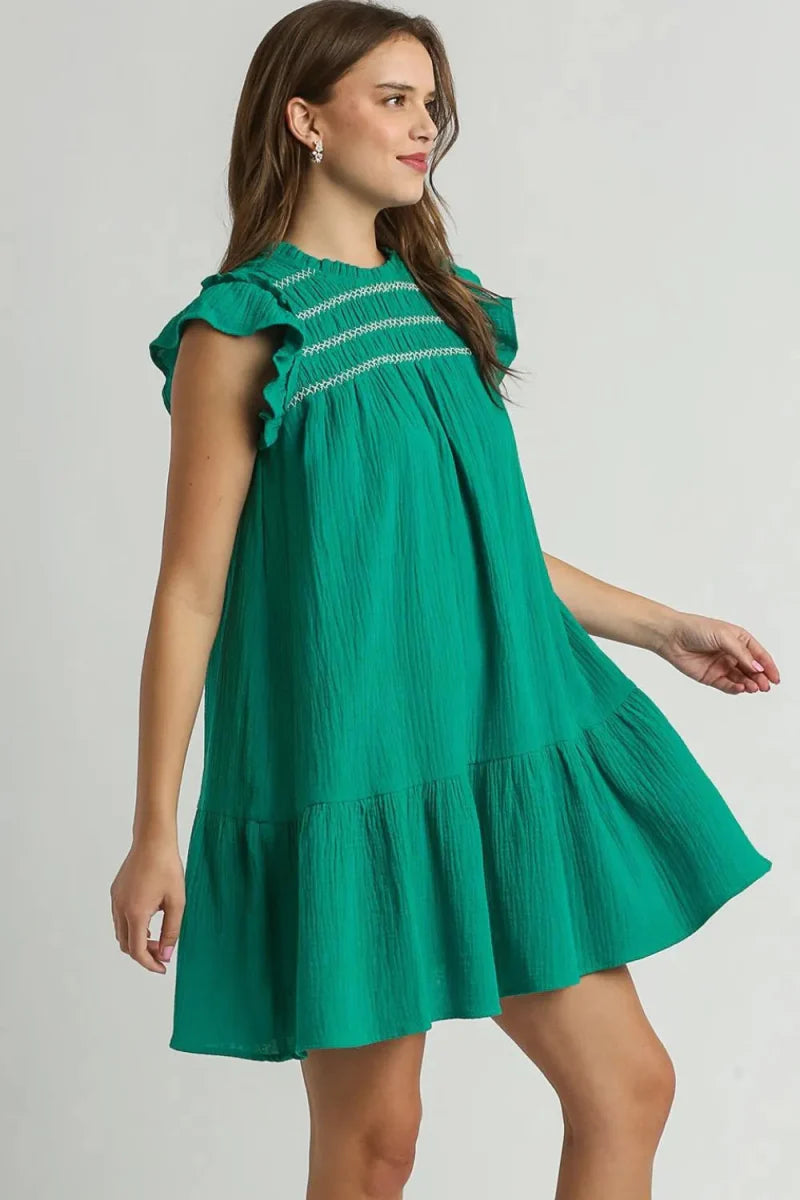Umgee Full Size Smocked Contrast Stitching Ruffle Dress Plus Size