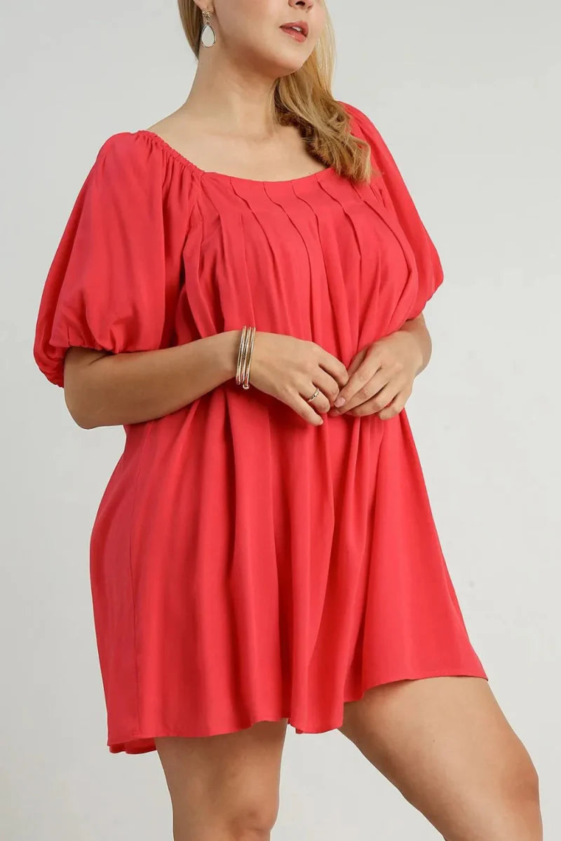 Umgee Full Size Squared Neck Puff Sleeve Mini Dress Plus Size