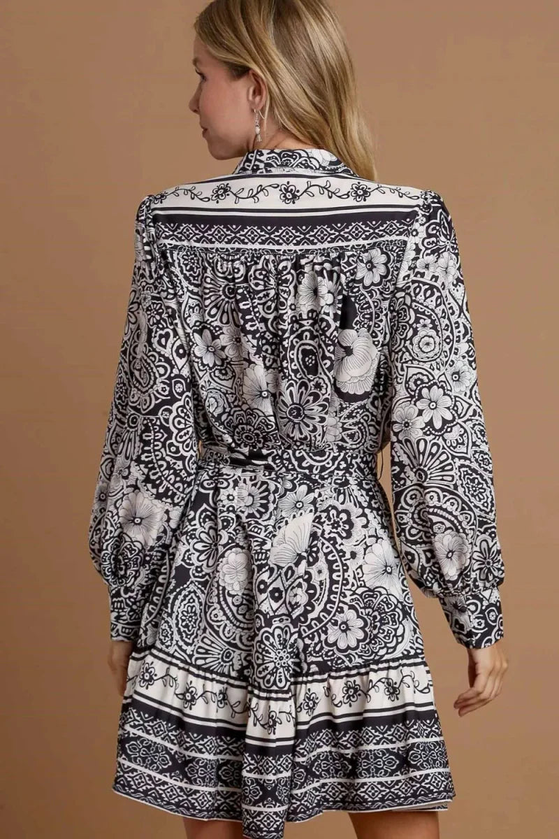 Umgee Full Size Two Tone Floral Border Print Tie Waist Mini Dress Plus Size