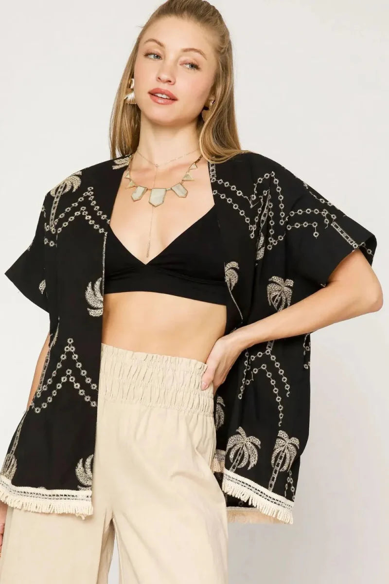 Umgee Open Front Embroidered Fringe Kimono