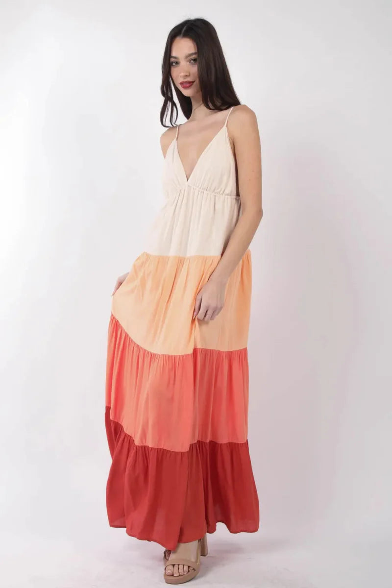 Very J Color Block Tiered Maxi Cami Dress for Women