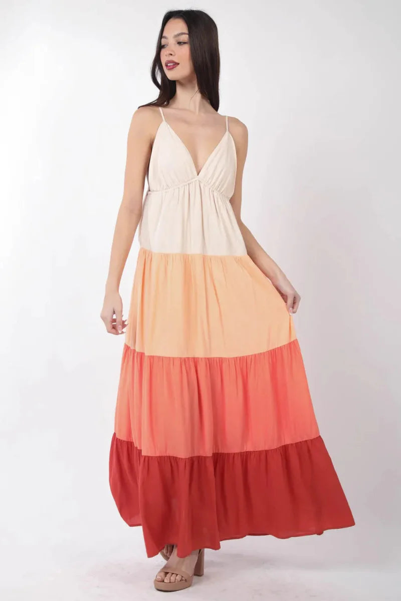 Very J Color Block Tiered Maxi Cami Dress for Women