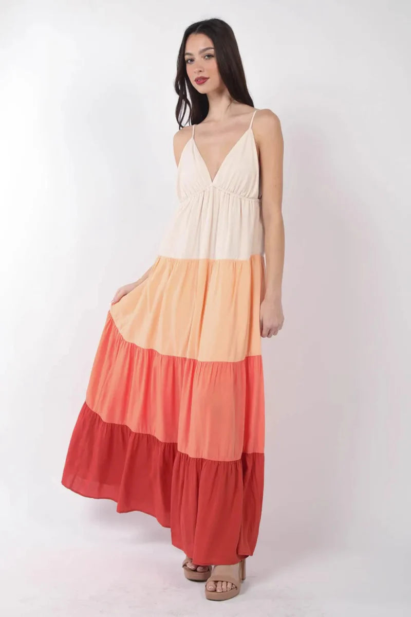 Very J Color Block Tiered Maxi Cami Dress for Women