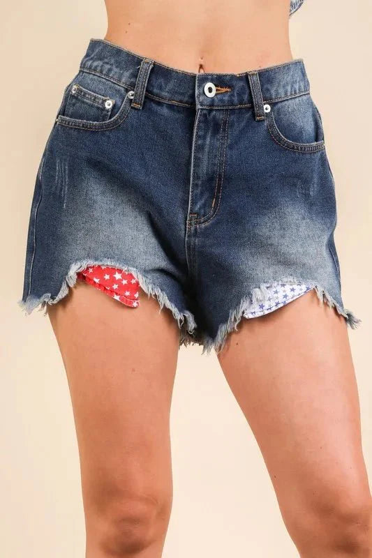 Very J Raw Hem Pocketed Contrast Washed Denim Shorts