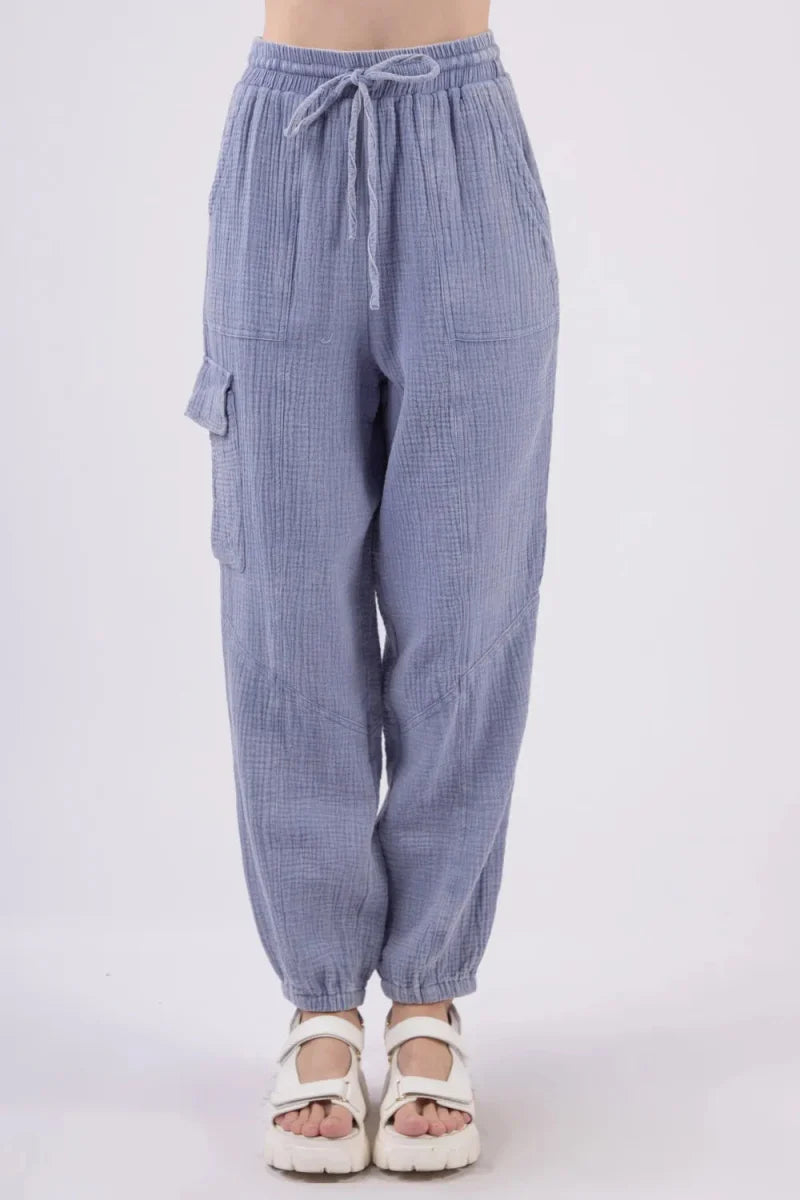 Very J Washed Woven Crinkle Gauze Cargo Pants for Women