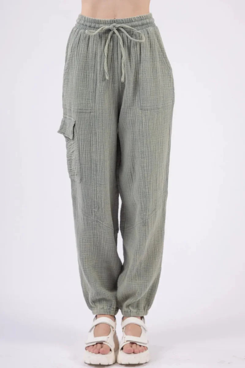 Very J Washed Woven Crinkle Gauze Drawstring Pants for Comfort