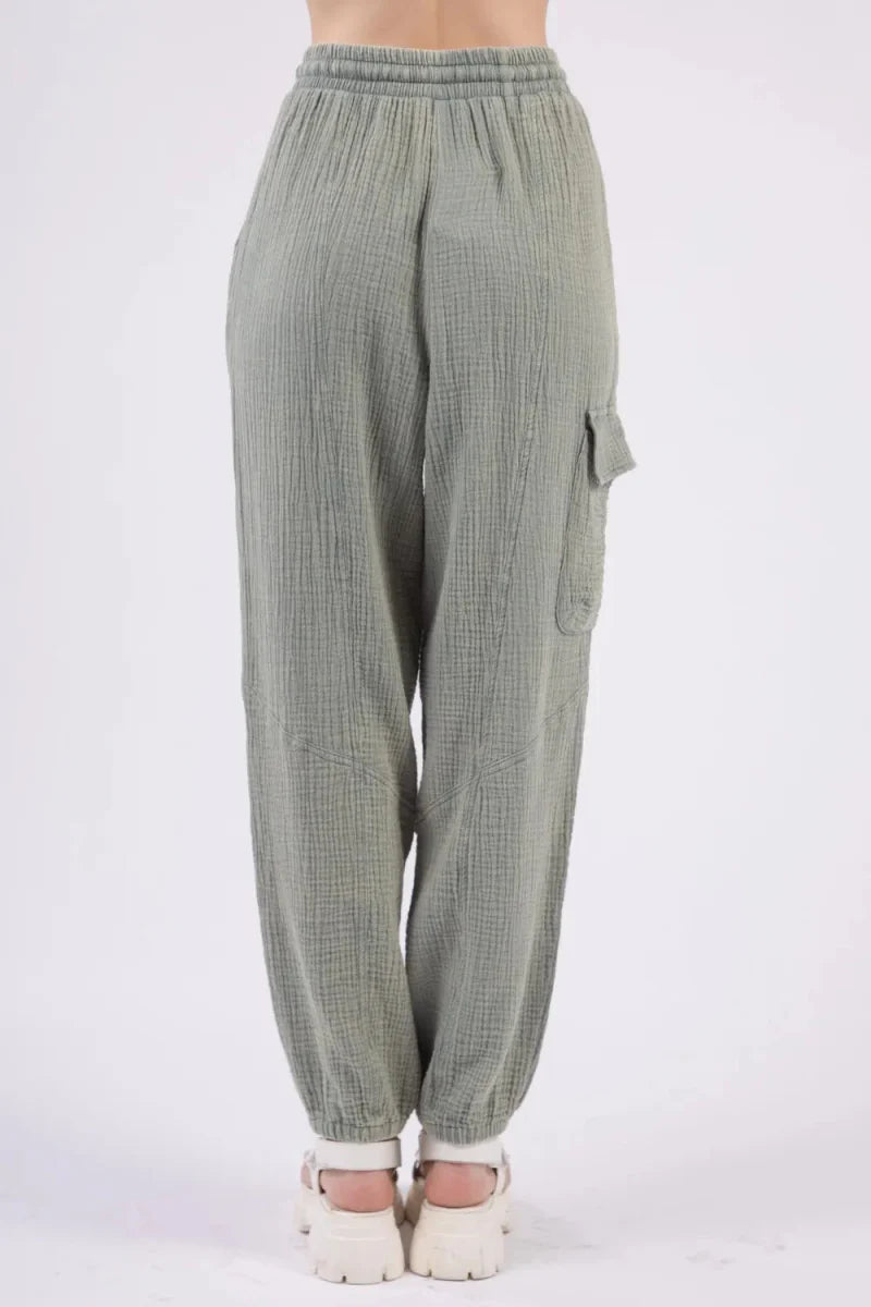 Very J Washed Woven Crinkle Gauze Drawstring Pants for Comfort