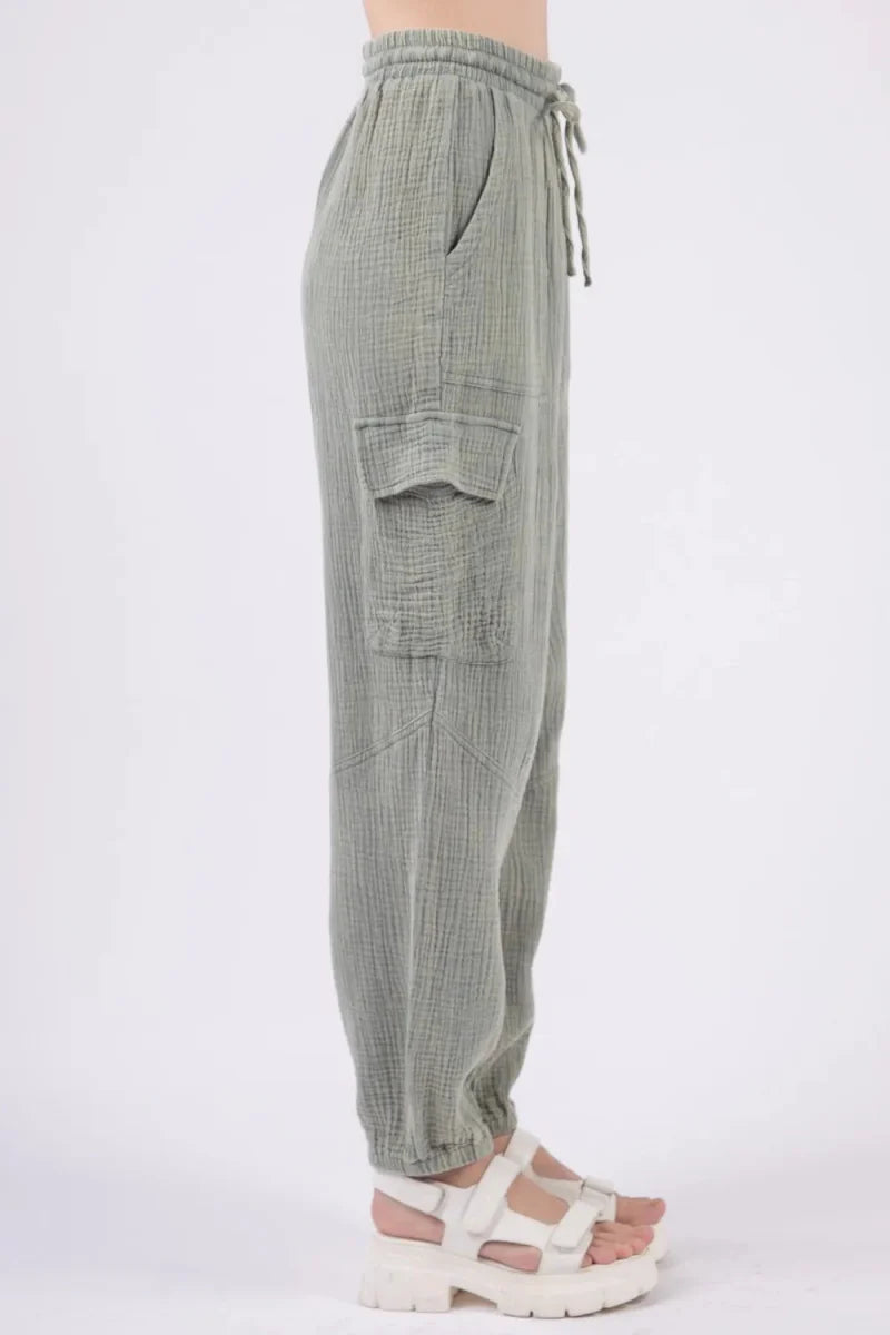 Very J Washed Woven Crinkle Gauze Drawstring Pants for Comfort