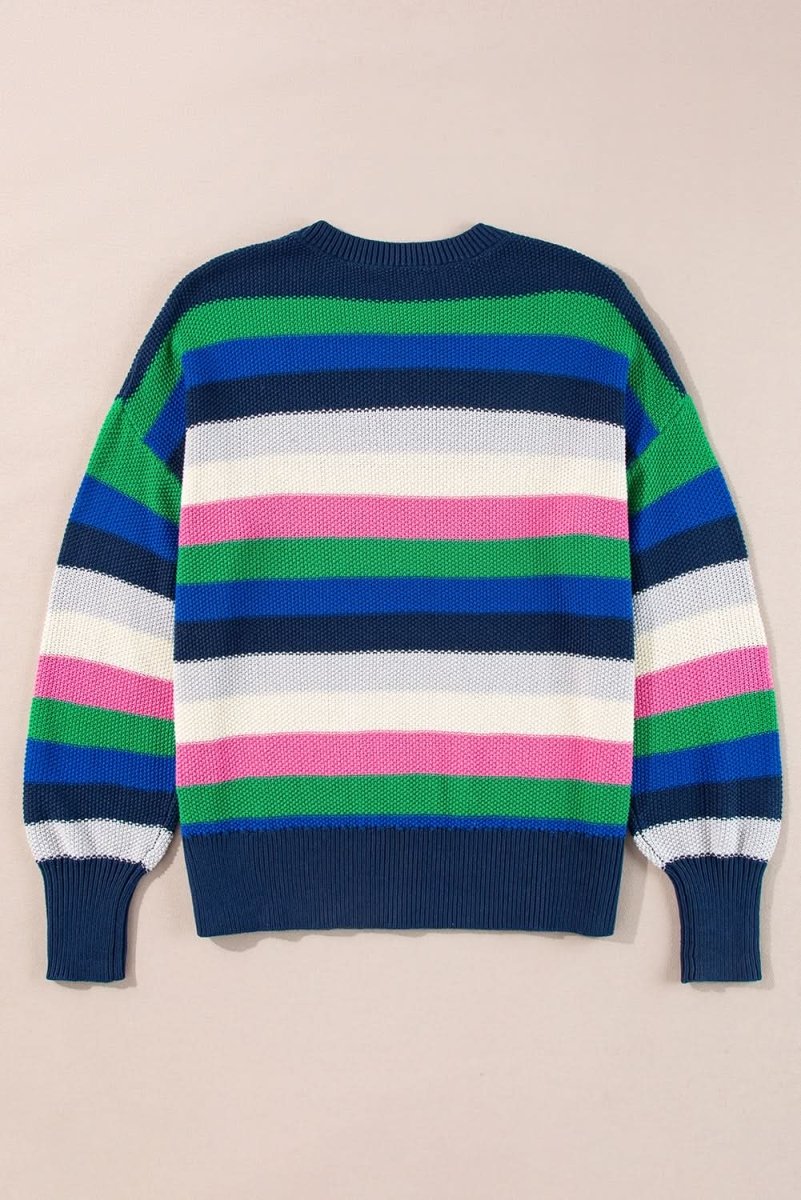 Vibrant Green Striped Drop Shoulder Crew Neck Sweater