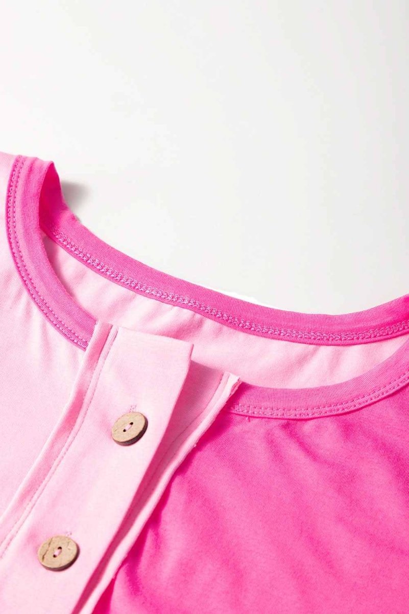 Vibrant Pink Colorblock Plus Size Short Sleeve Henley Top with Patchwork Design