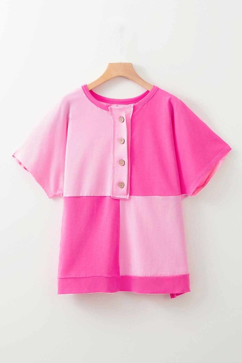 Vibrant Pink Colorblock Plus Size Short Sleeve Henley Top with Patchwork Design