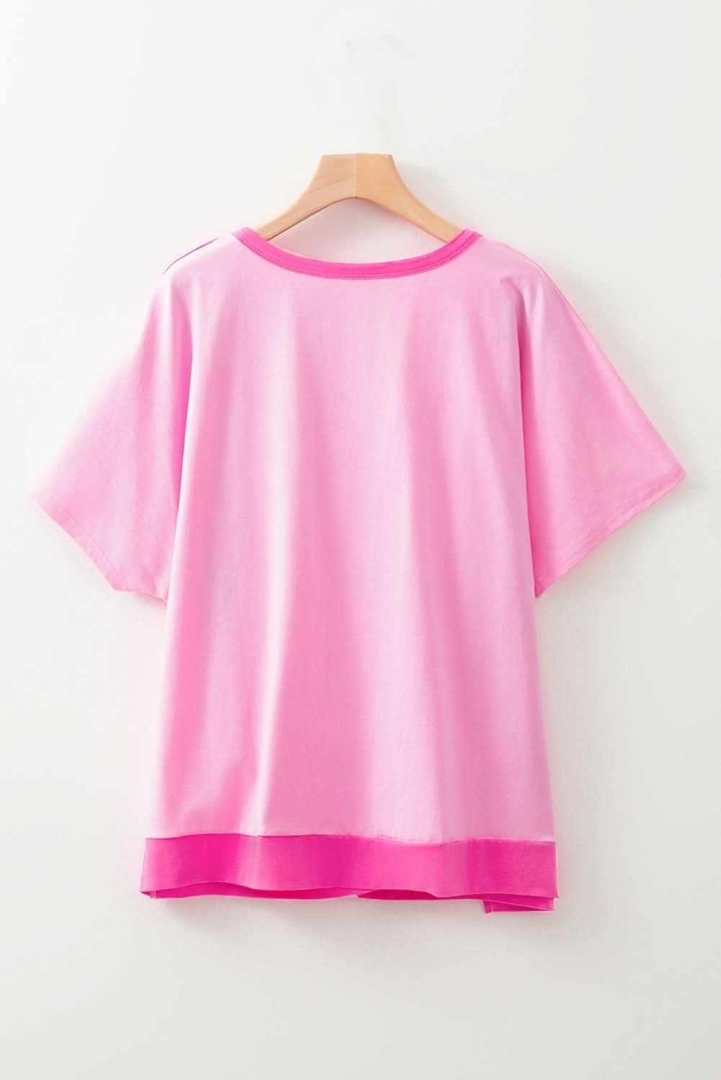 Vibrant Pink Colorblock Plus Size Short Sleeve Henley Top with Patchwork Design