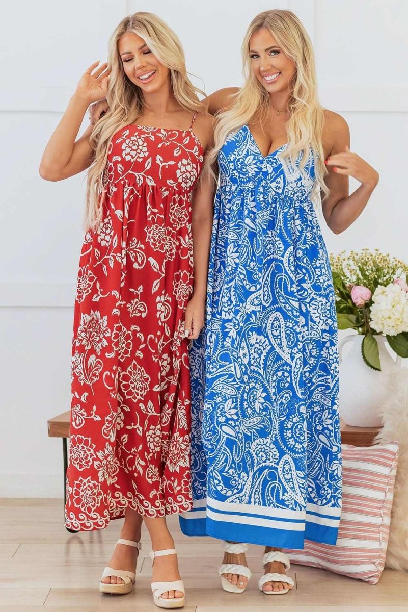 Vibrant Red Floral Spaghetti Strap Maxi Dress with Empire Waist