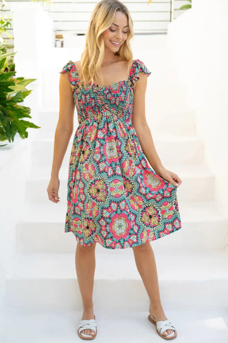 White Birch Printed Smocked Sleeveless Dress for Women