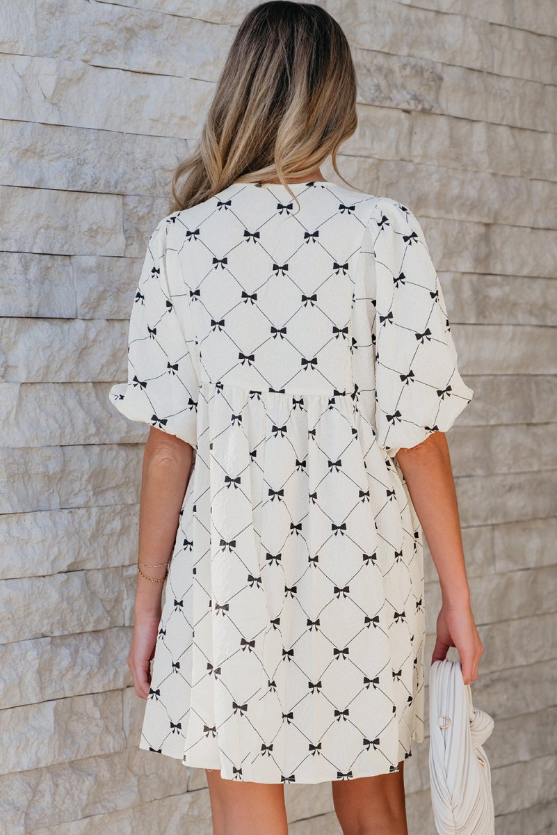 White Bowtie Pattern Textured Puff Half Sleeve Mini Dress