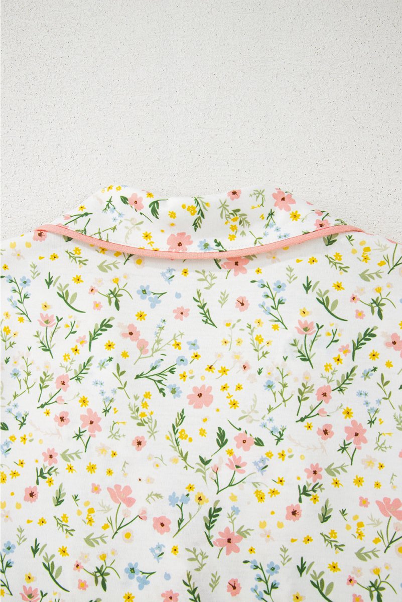 White Floral Print Contrast Pipping Short Pajamas Set for Women