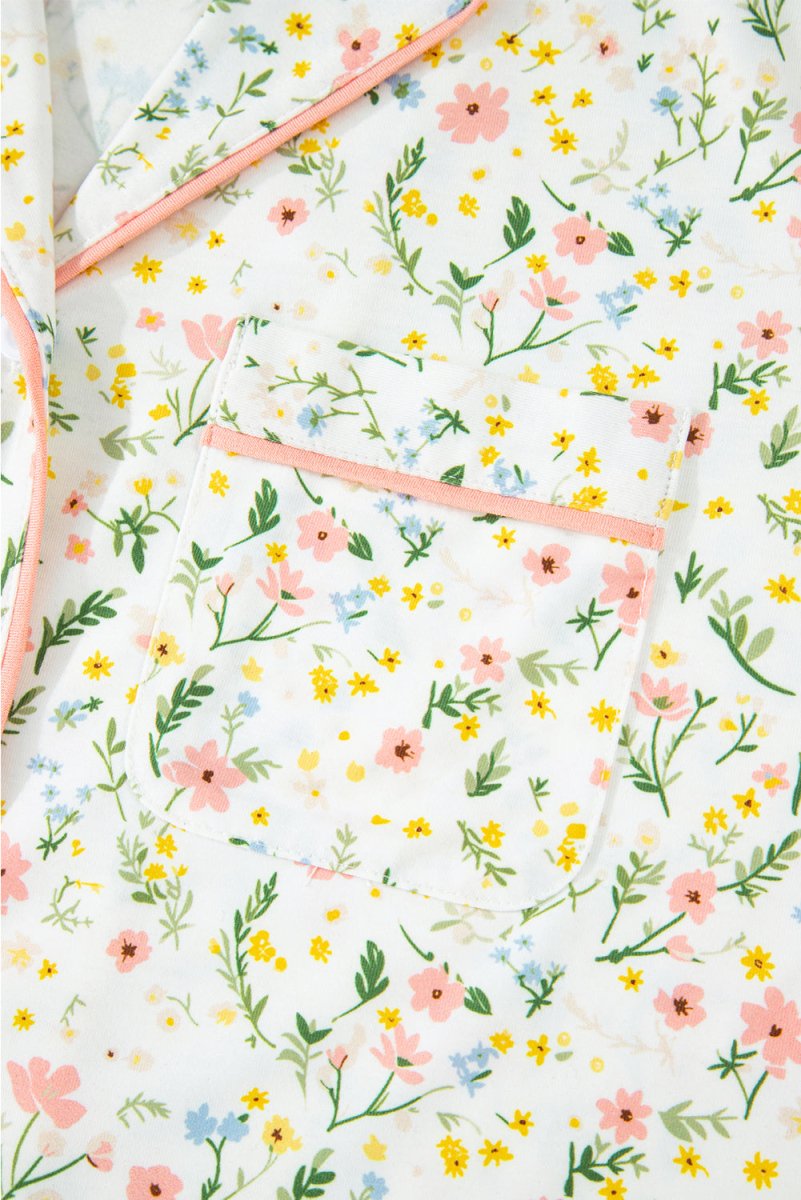 White Floral Print Contrast Pipping Short Pajamas Set for Women