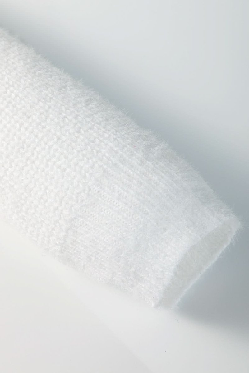 White Pearl Beaded Heart Pattern Fuzzy V Neck Sweater