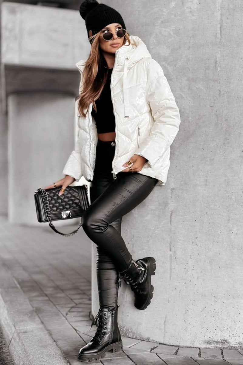 White Solid Quilted Hooded Zip Up Puffer Jackets