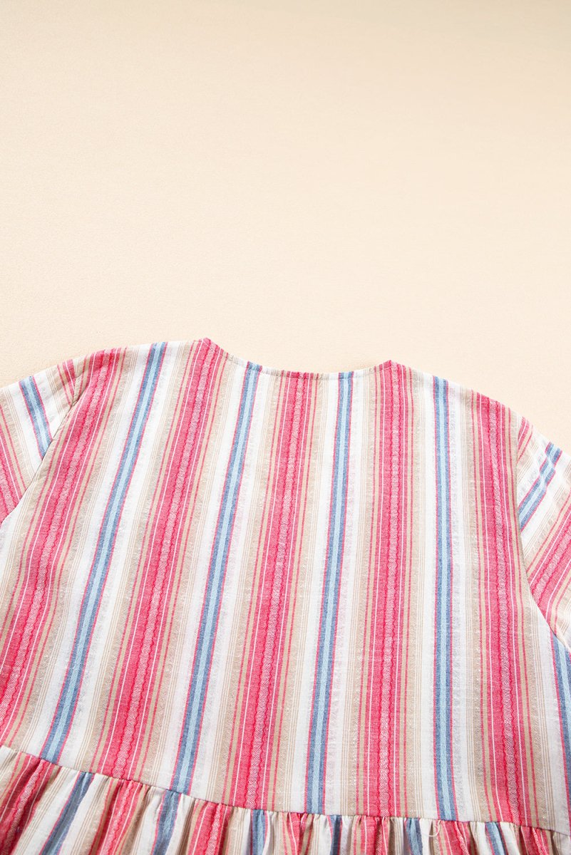 White Stripe Plus Size Embroidered Flared V Neck Dress