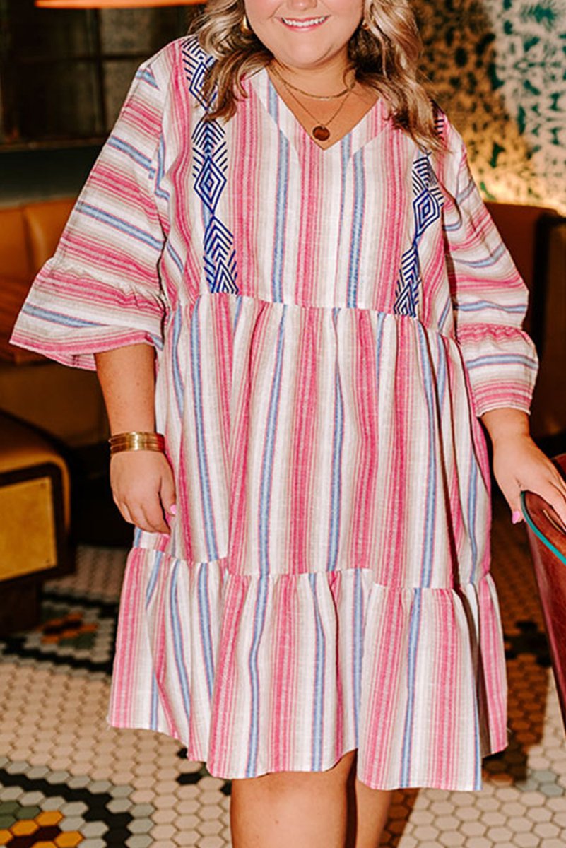 White Stripe Plus Size Embroidered Flared V Neck Dress