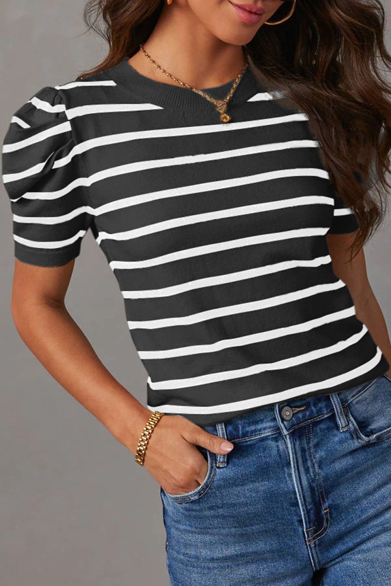 White Stripe Ribbed Trim Round Neck Bubble Sleeve Knitted Top