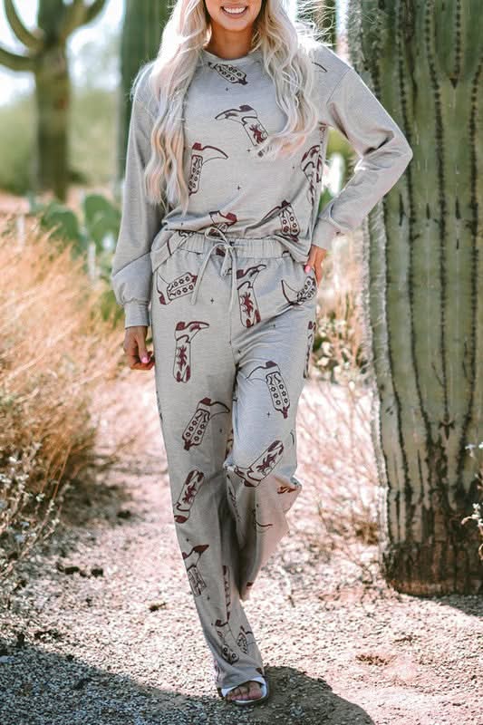 Women Printed Long Sleeve Top Pants Lounge Set