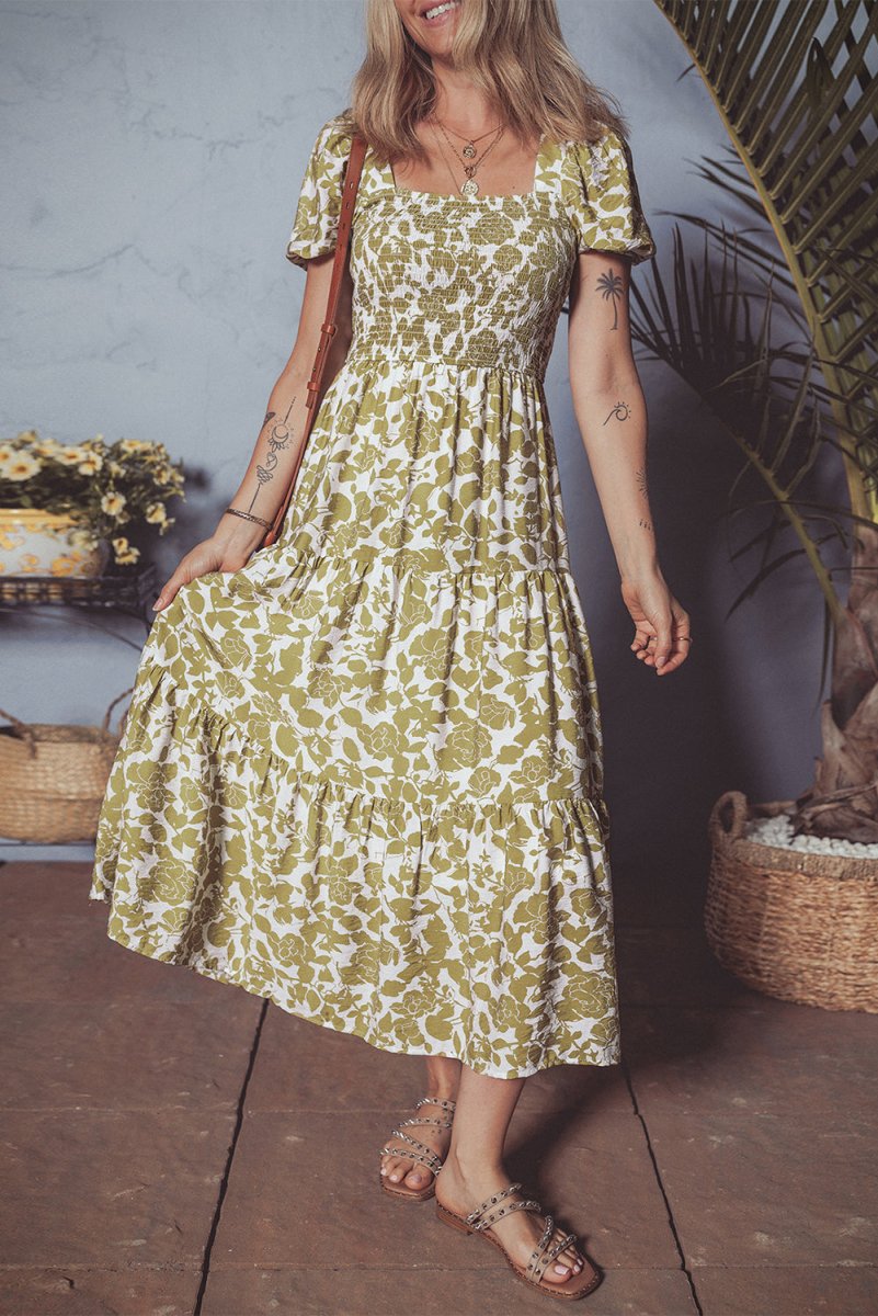 Yellow Boho Floral Square Neck Smocked Bust Puff Sleeve Dress