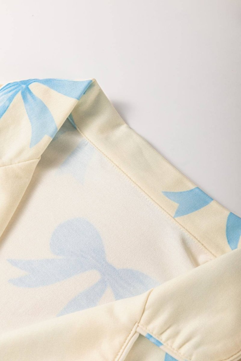 Yellow Bow Printed Short Sleeve Shirt Shorts Pajama Set