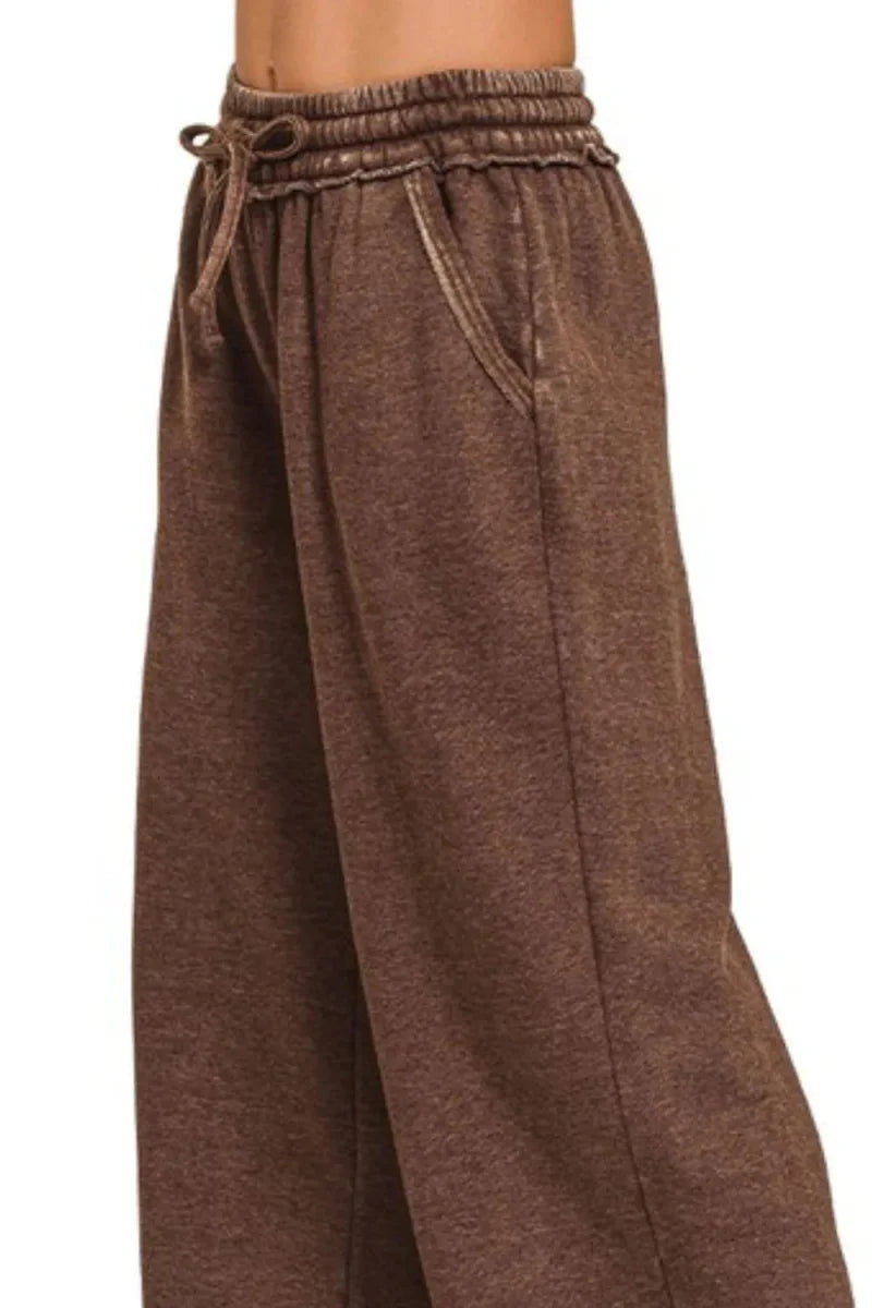 Zenana Acid Wash Fleece Palazzo Sweatpants with Pockets