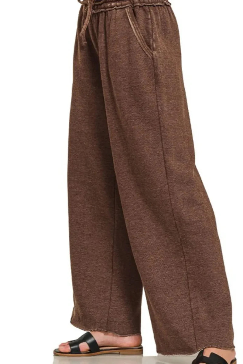 Zenana Acid Wash Fleece Palazzo Sweatpants with Pockets