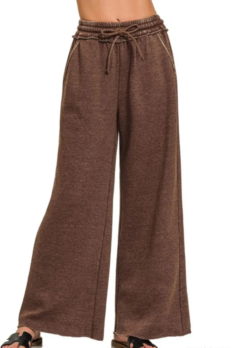 Zenana Acid Wash Fleece Palazzo Sweatpants with Pockets