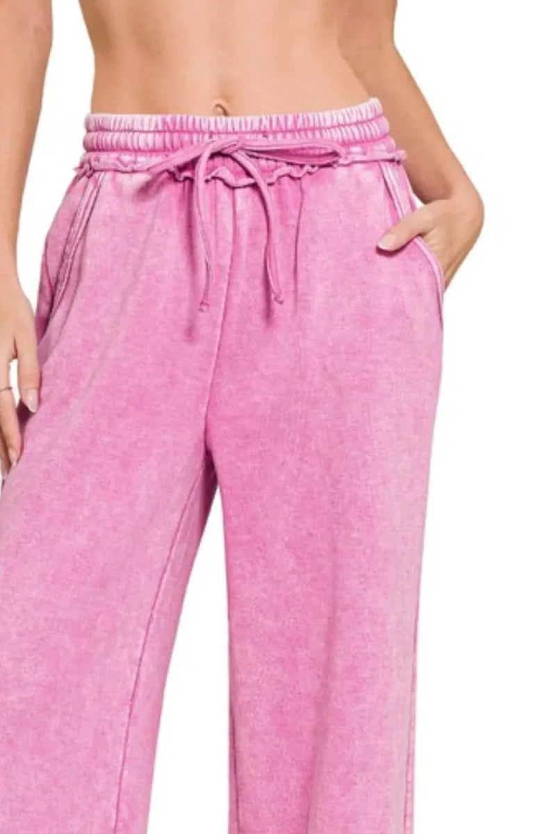 Zenana Acid Wash Fleece Palazzo Sweatpants with Pockets