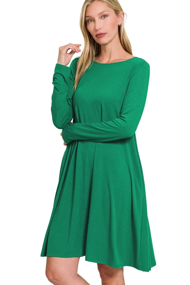 Zenana Long Sleeve Flare Dress With Pockets for Women