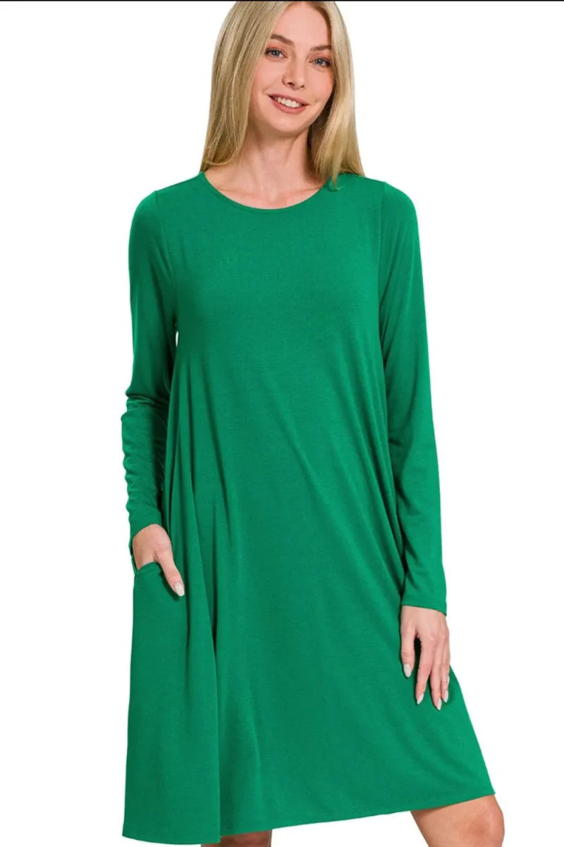 Zenana Long Sleeve Flare Dress With Pockets for Women