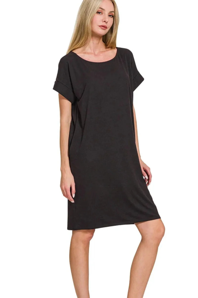 Zenana Rolled Short Sleeve Round Neck Dress for Women