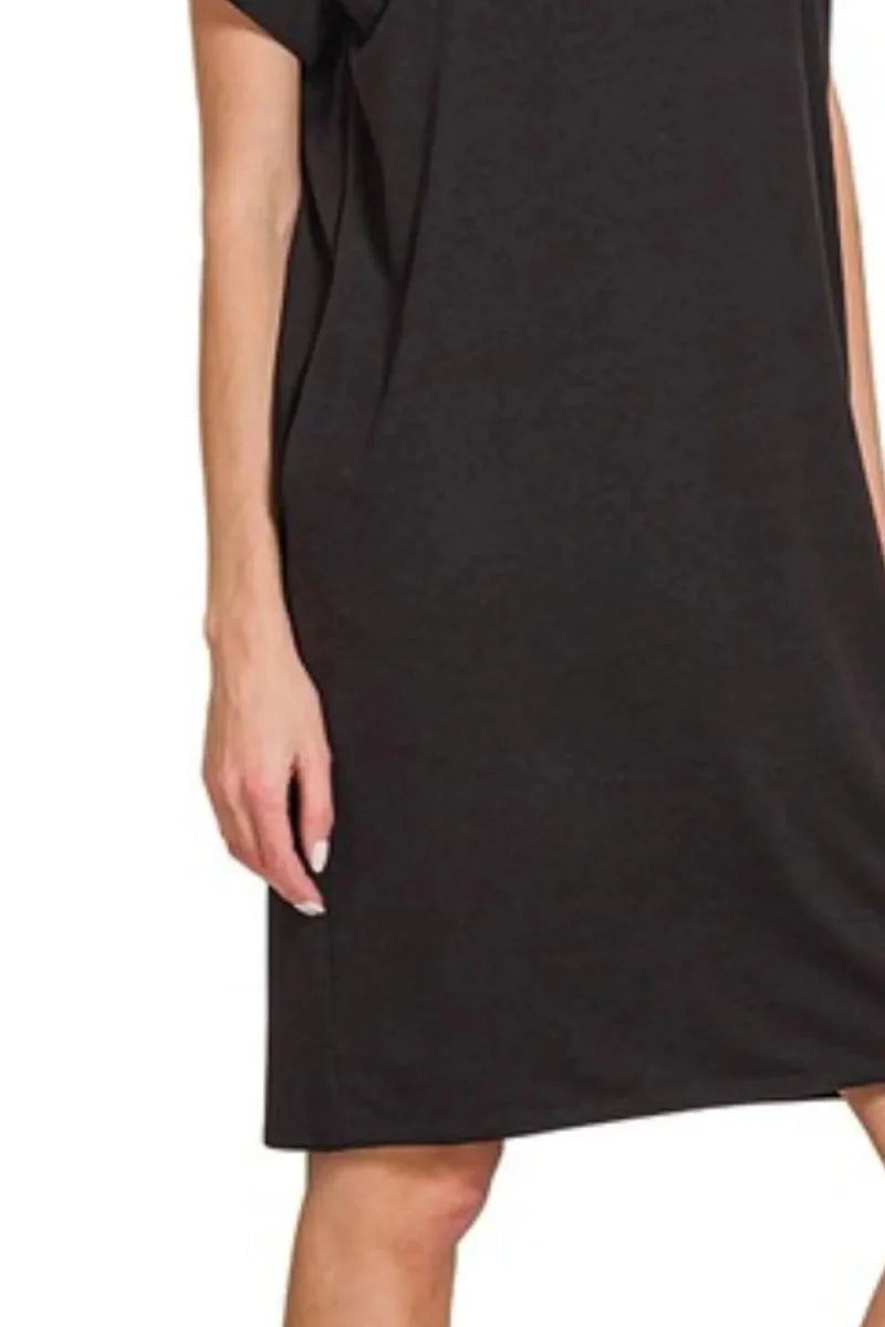 Zenana Rolled Short Sleeve Round Neck Dress for Women
